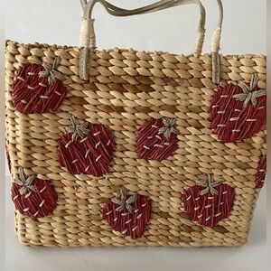 Raffia Straw Tote Handbag Leather Straps Strawberries (9x11x4”d)